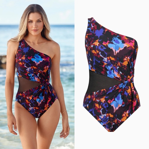 New Miraclesuit Solstice Gem One Shoulder One Piece Swimsuit Printed Mesh - Picture 1 of 6